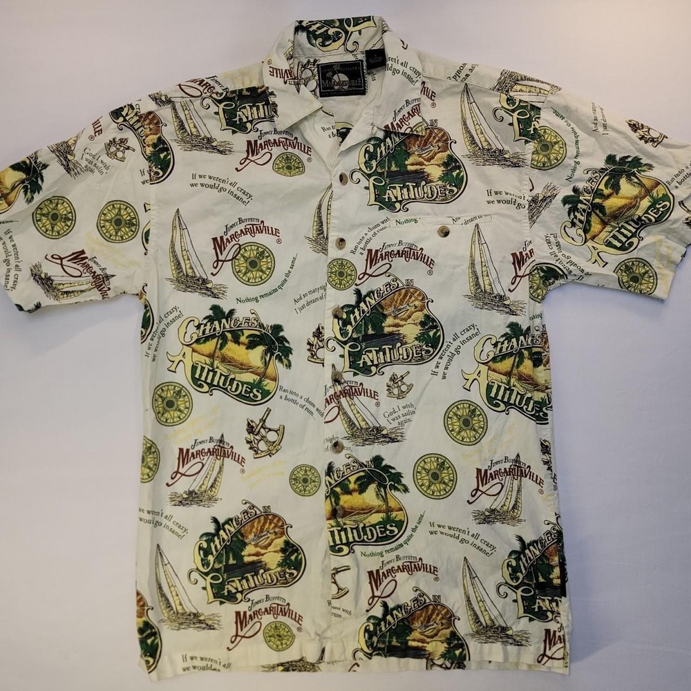 Jimmy Buffett Margaritaville Changes in Latitudes Button Shirt Mens Small Beige